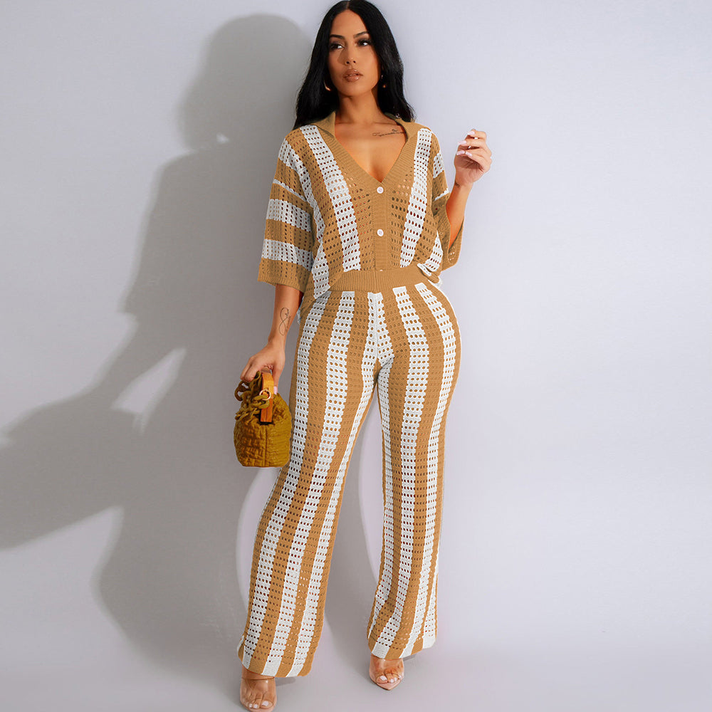 Short Sleeve Stripe Cardigan Wide Pants Suit