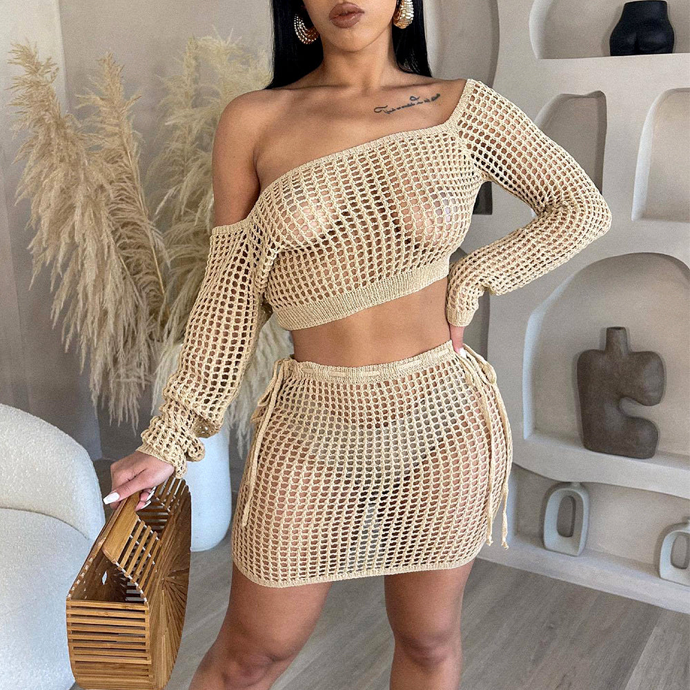 Long Sleeve Strap Beach Knitted Top Mini Skirt Suit