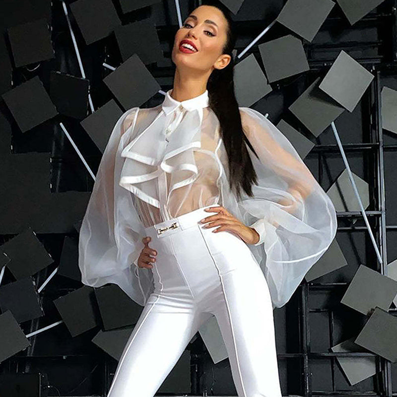 Long Puff Sleeve Sexy See Through Blouse Bodysuit