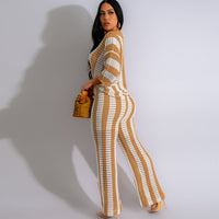 Short Sleeve Stripe Cardigan Wide Pants Suit