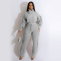 Long Sleeve Knitted High Collar Tassel Pants Suit