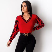 Long Sleeve F Letter Knitted Casual Sweater