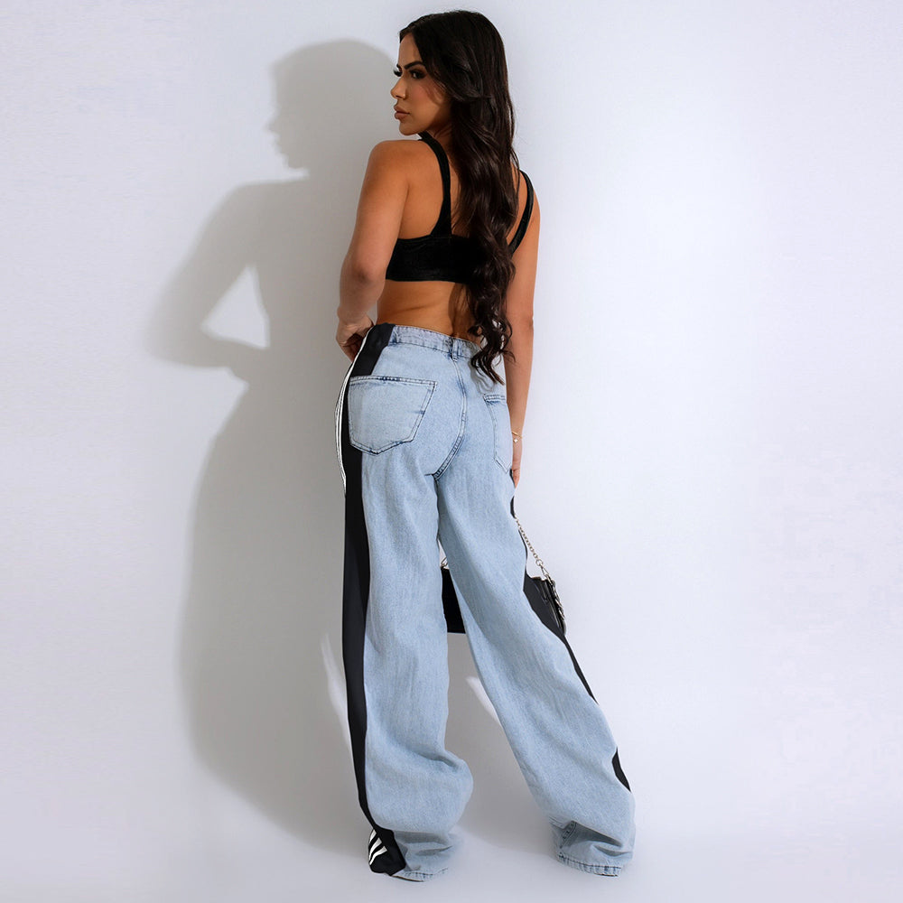 Three Stripe Stitching Wide Leg Denim Long Pants