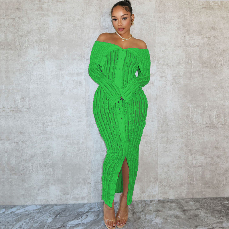 Long Sleeve One Line Lapel Wave Pattern Maxi Dress