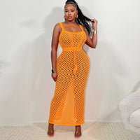 Sleeveless Tie Mesh Knitted Beach Maxi Skirt Suit