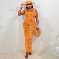 Sleeveless Tie Mesh Knitted Beach Maxi Skirt Suit