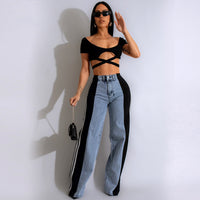 Three Stripe Stitching Wide Leg Denim Long Pants