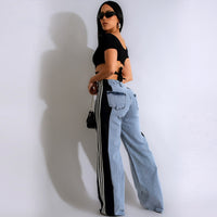 Three Stripe Stitching Wide Leg Denim Long Pants