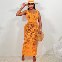 Sleeveless Tie Mesh Knitted Beach Maxi Skirt Suit