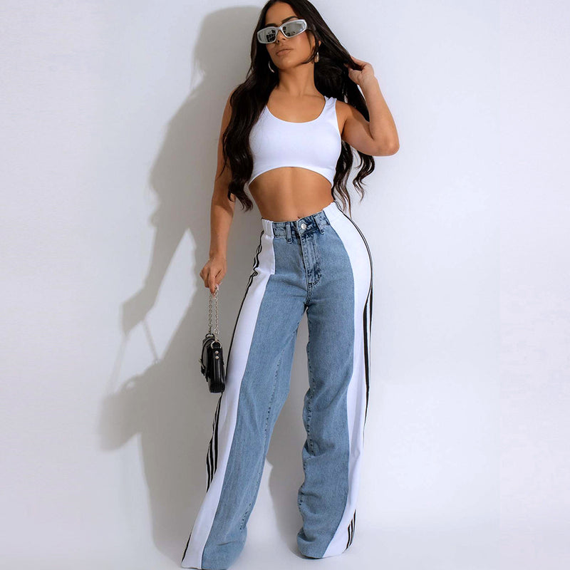 Three Stripe Stitching Wide Leg Denim Long Pants