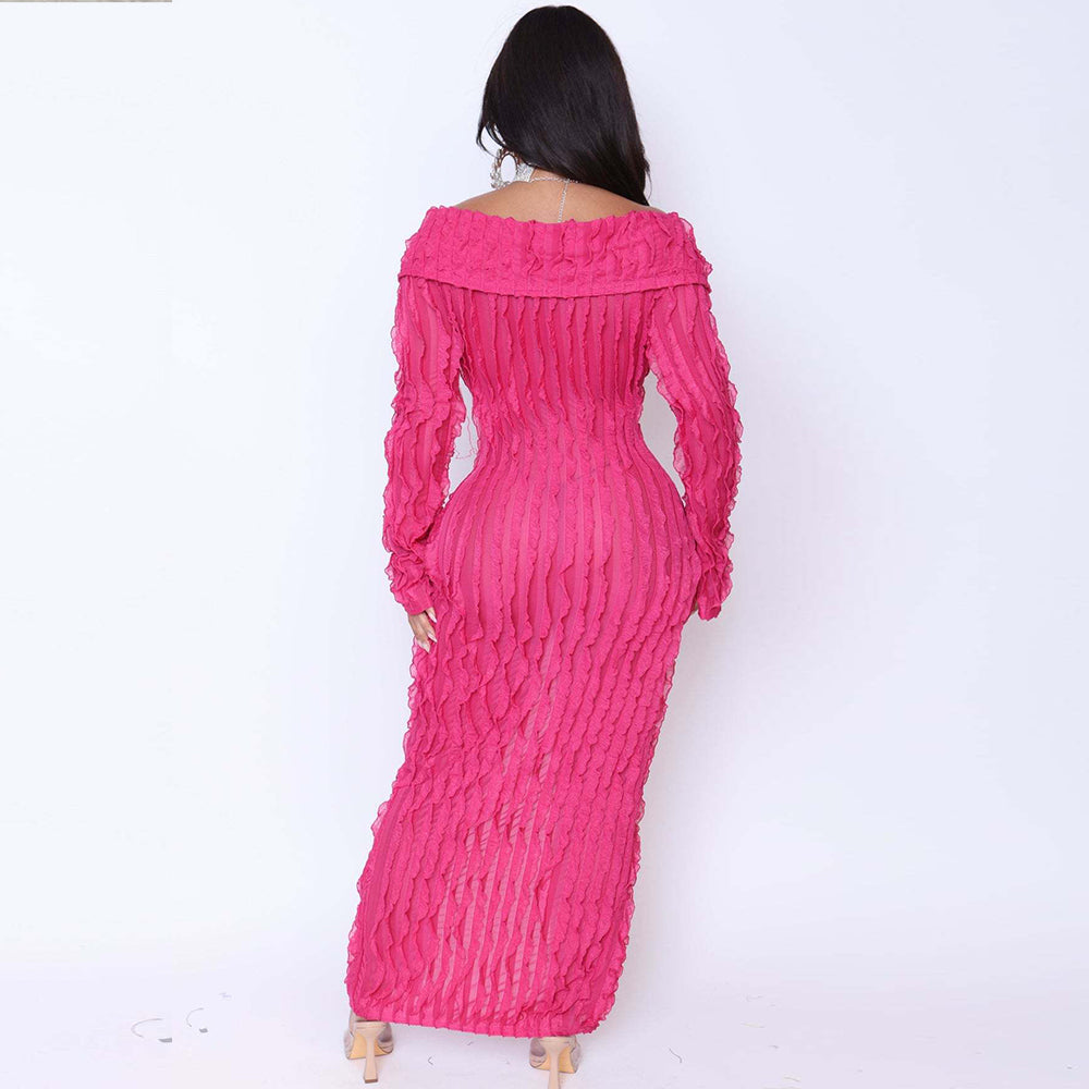 Long Sleeve One Line Lapel Wave Pattern Maxi Dress