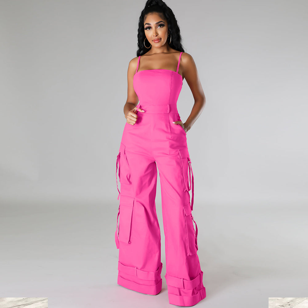 Sexy Sleeveless Multi Pockets Wide Leg Jumpsuit