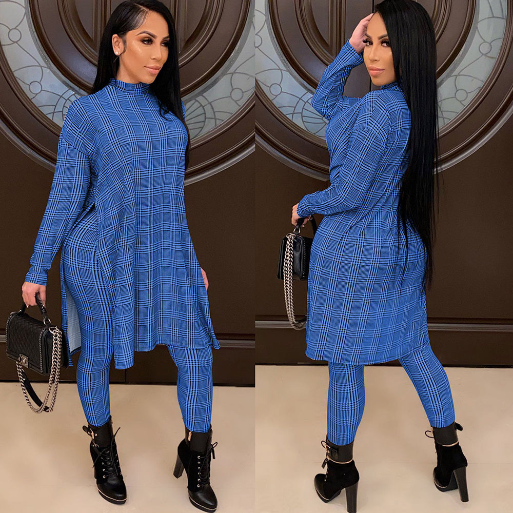 Turtle Neck Houndstooth Print Fashion Top Long Pants Suit