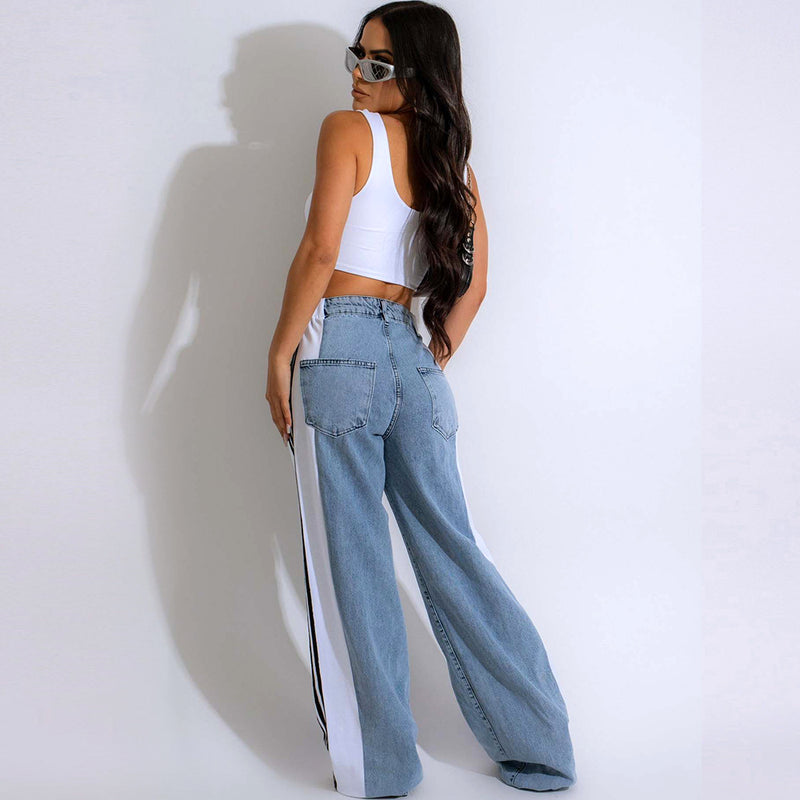 Three Stripe Stitching Wide Leg Denim Long Pants