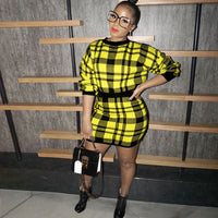 Short Sleeve Round Neck Plaid Thick Sweater Mini Skirt Suit