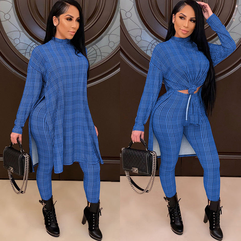 Turtle Neck Houndstooth Print Fashion Top Long Pants Suit