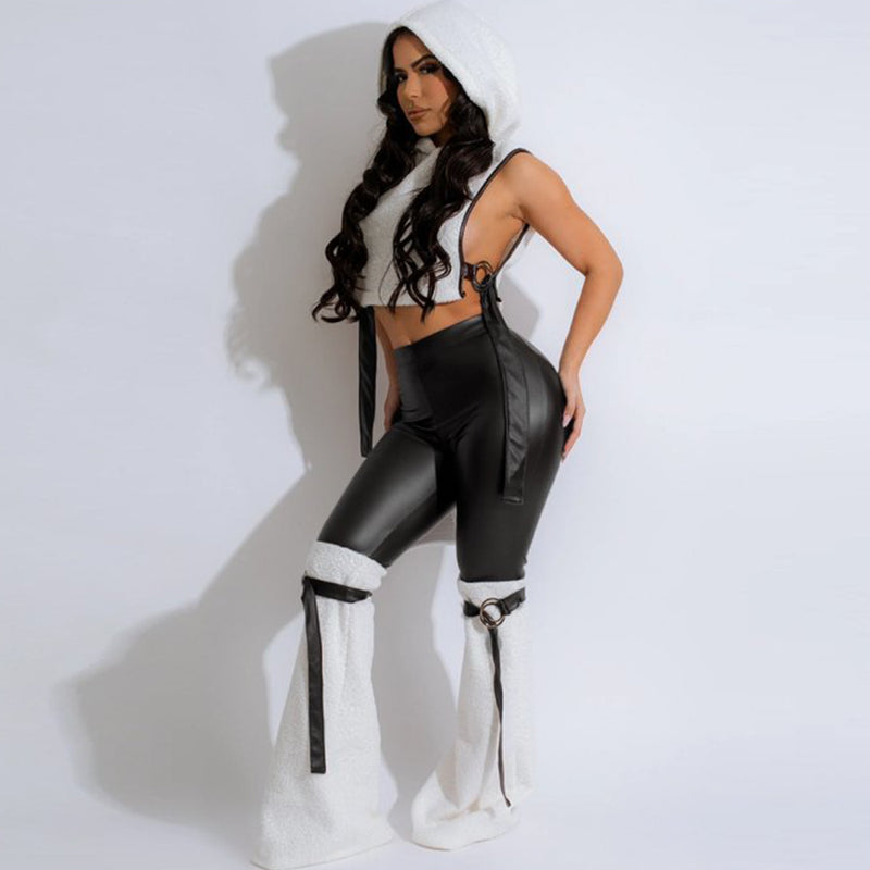 Leather Stretch Sleeveless Crop Hoodie Pants Suit