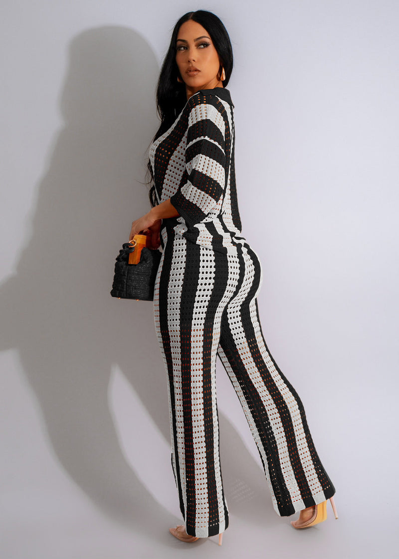 Short Sleeve Stripe Cardigan Wide Pants Suit