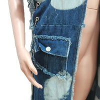 Washed Splicing Multi Pocket Eye Chain Denim Jacket