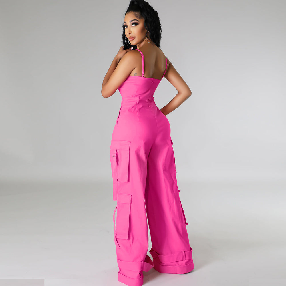 Sexy Sleeveless Multi Pockets Wide Leg Jumpsuit