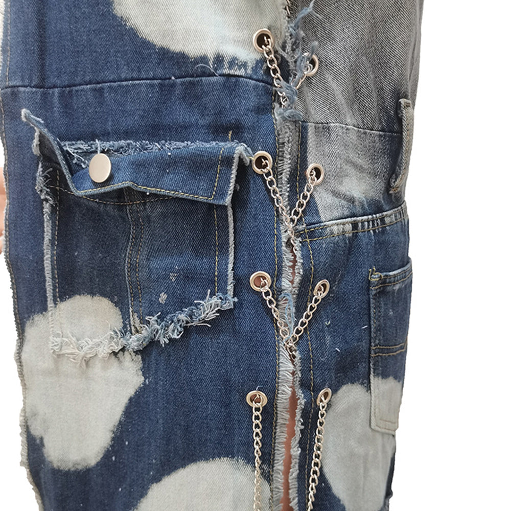 Washed Splicing Multi Pocket Eye Chain Denim Jacket