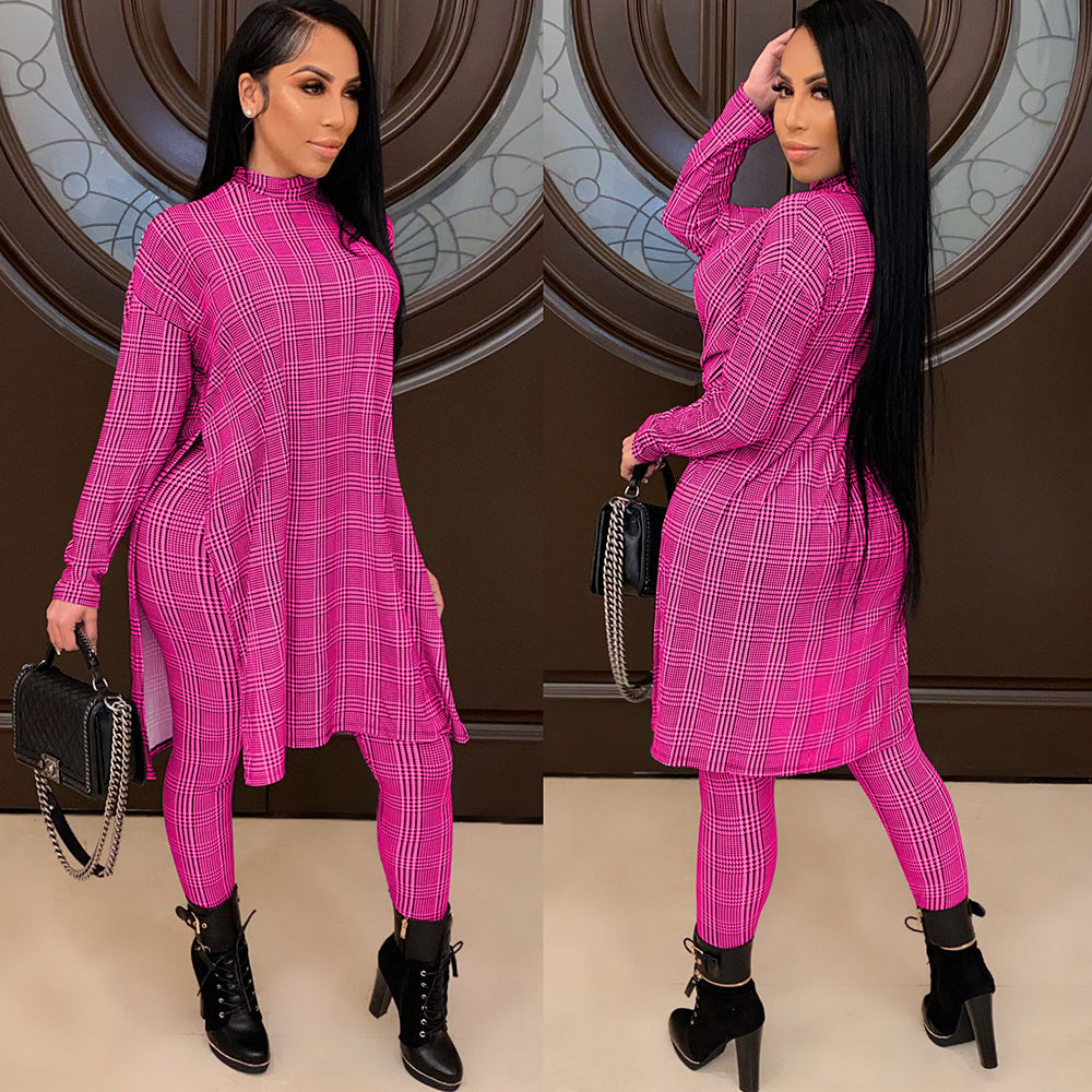 Turtle Neck Houndstooth Print Fashion Top Long Pants Suit