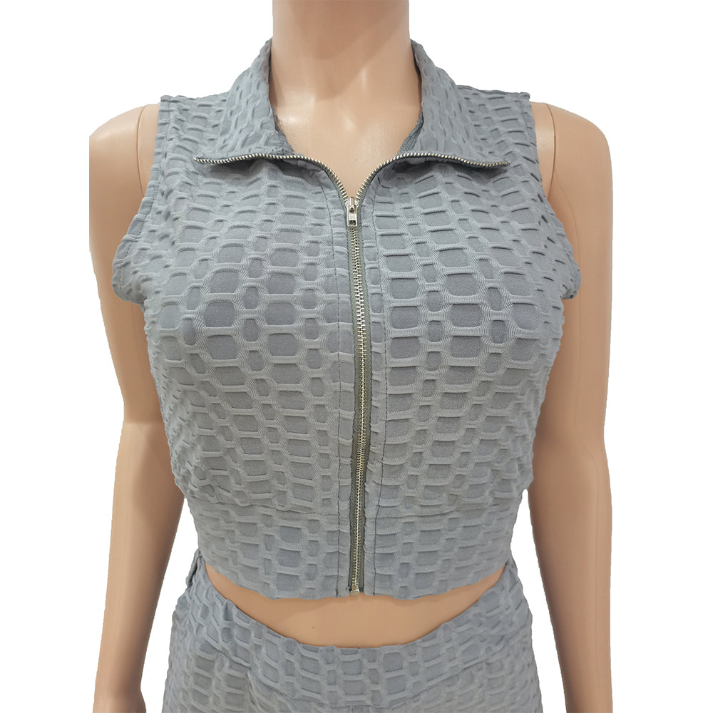 Sleeveless Zip Up Tank Top Textured Shorts Suit