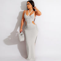 Double Strap Halter Neck Knitted Beach Maxi Dress