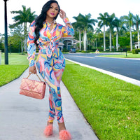 Long Sleeve Florarl Printed Shirt Pants Suit