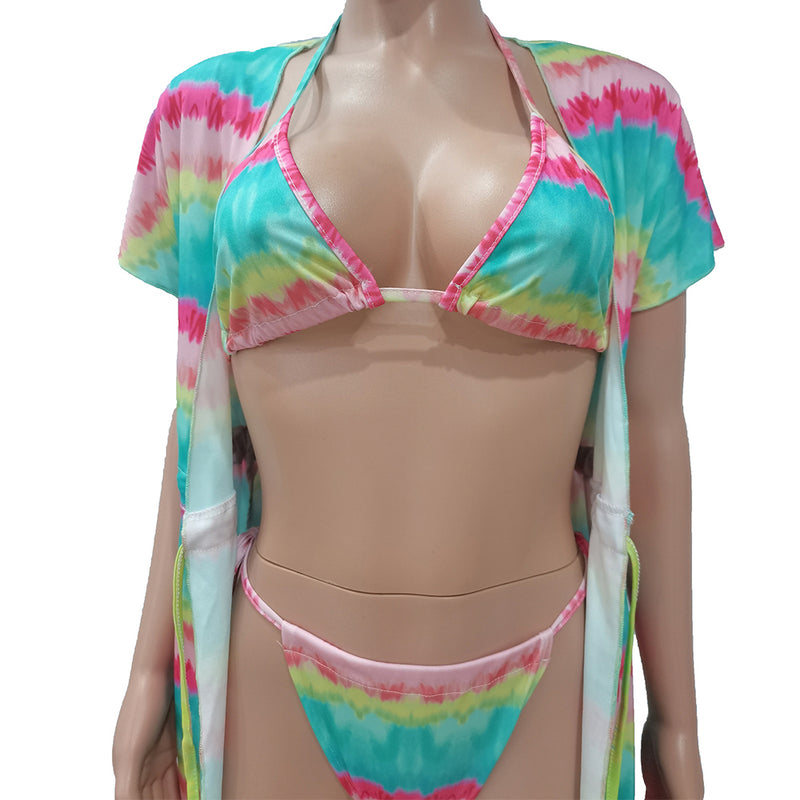 Sexy Printed Cape Bikini Split Swimsuit 3 Piece Set