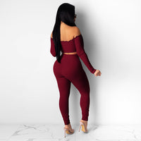 Long Sleeve Off Shoulder Ribbed Crop Top Long Slim Fit Pants