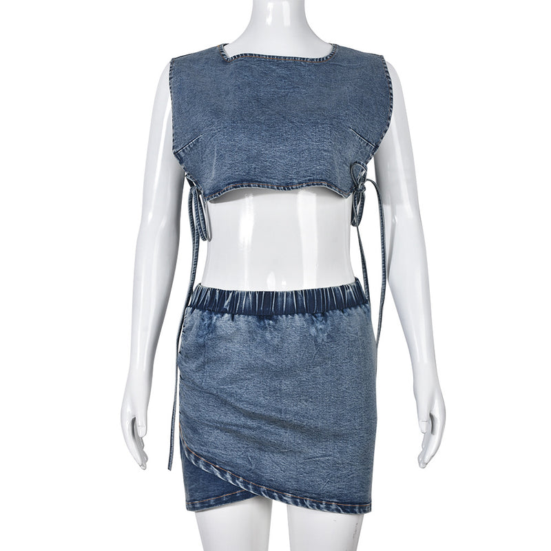 Elastic Sleeveless Tank Top Sexy Denim Mini Skirt Suit