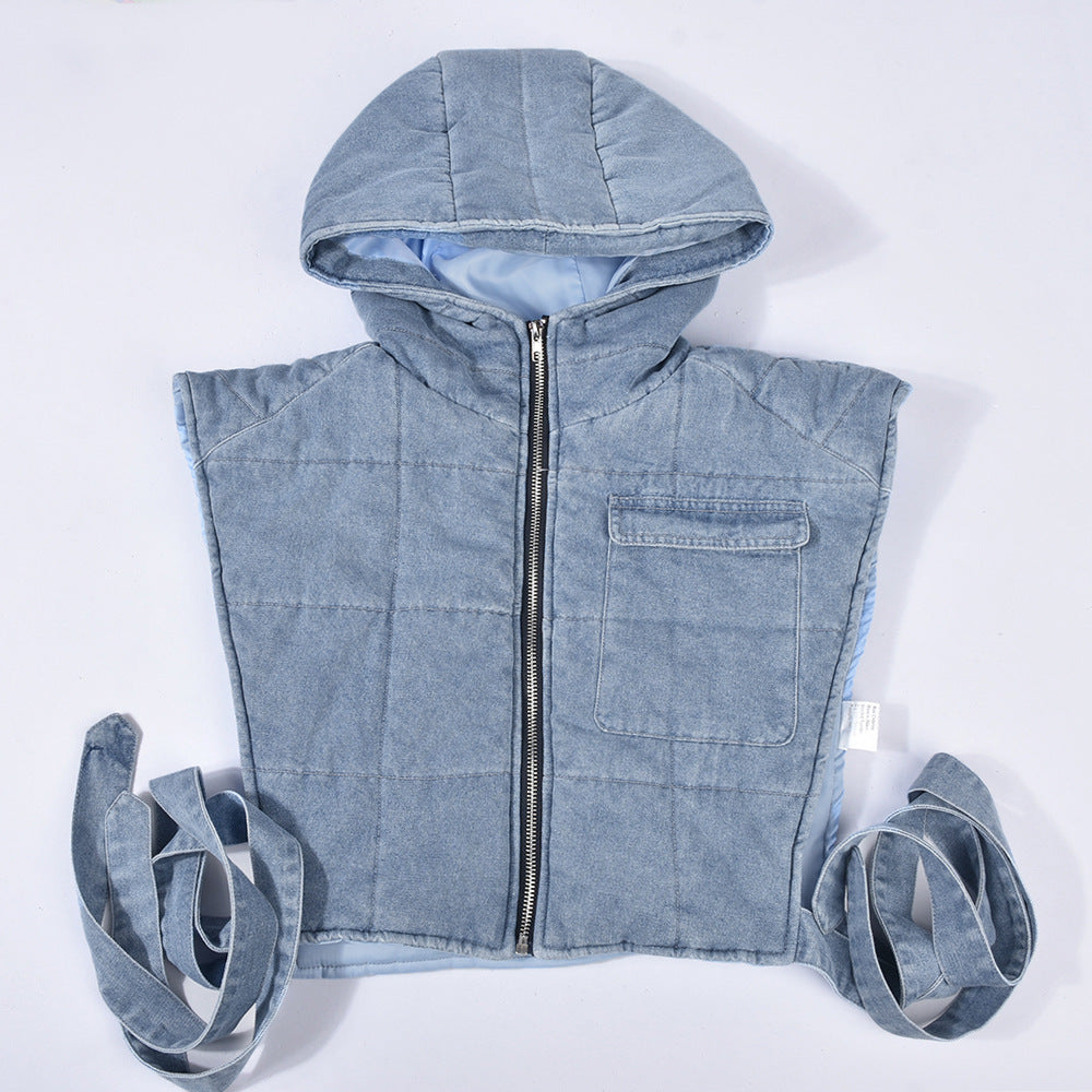 Quilted Sleeveless Workwear Washed Denim Hooded