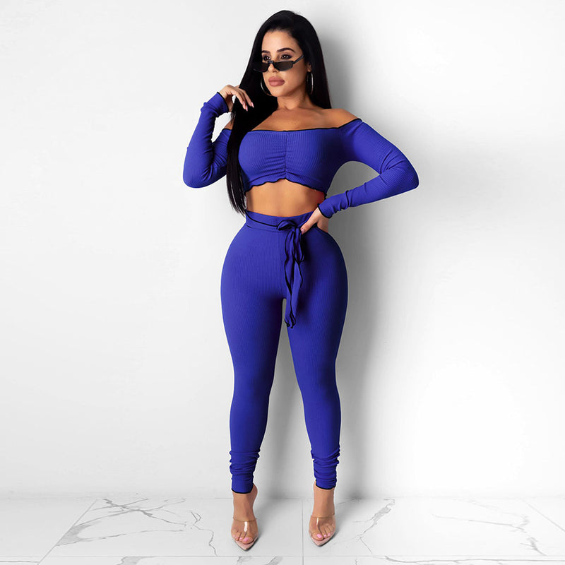 Long Sleeve Off Shoulder Ribbed Crop Top Long Slim Fit Pants