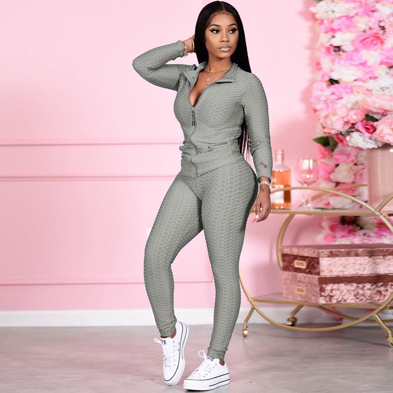 Long Sleeve Textured Trainning Jacket Pants Suit