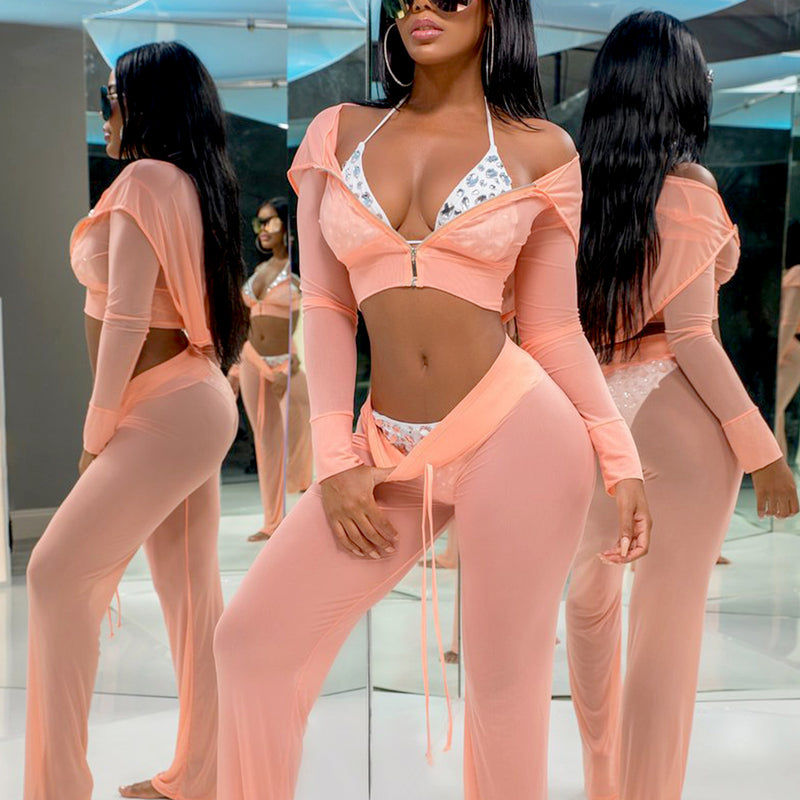 Long Sleeve Crop Zip Up Hoodie Wide Beach Pants Suit