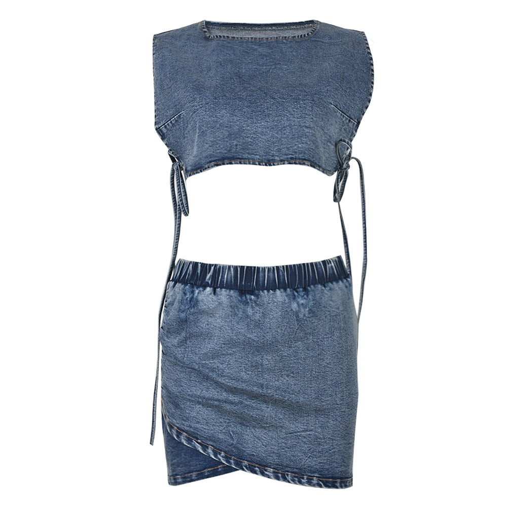 Elastic Sleeveless Tank Top Sexy Denim Mini Skirt Suit