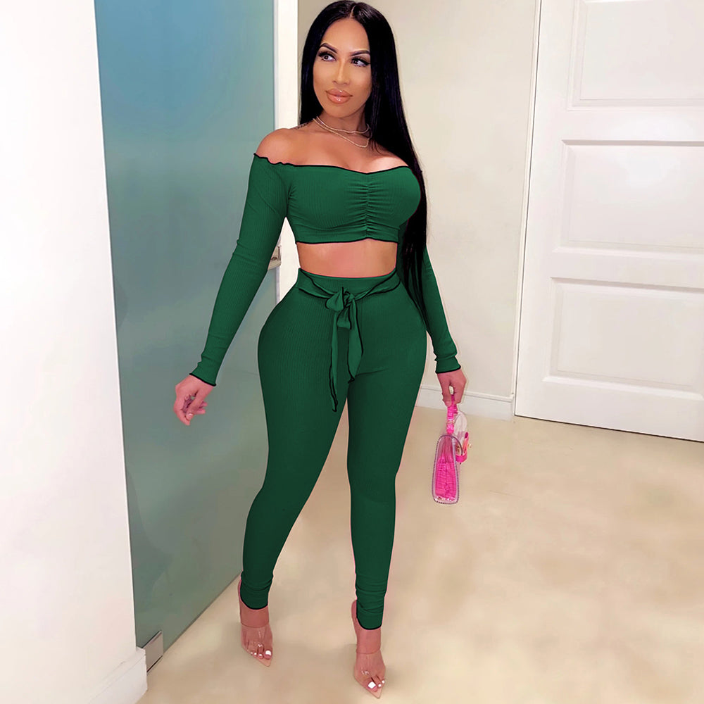 Long Sleeve Off Shoulder Ribbed Crop Top Long Slim Fit Pants