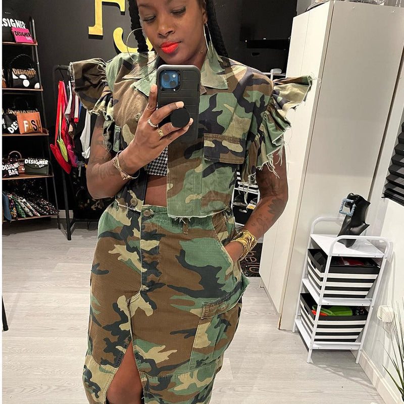 Short Sleeve Camouflage Cut Out Crop Jacket