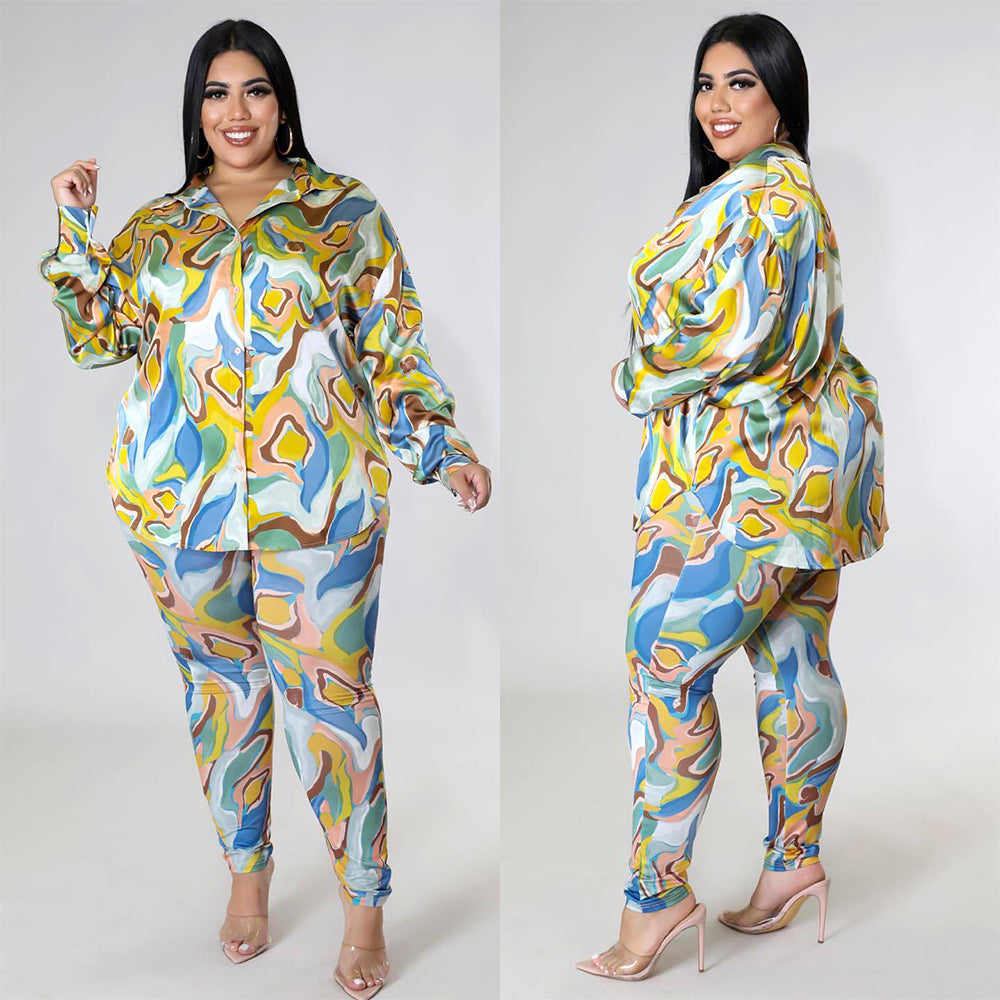 Long Sleeve Florarl Printed Shirt Pants Suit