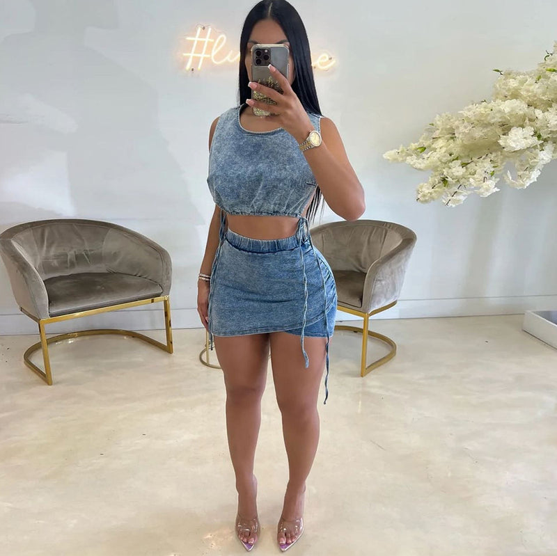 Elastic Sleeveless Tank Top Sexy Denim Mini Skirt Suit