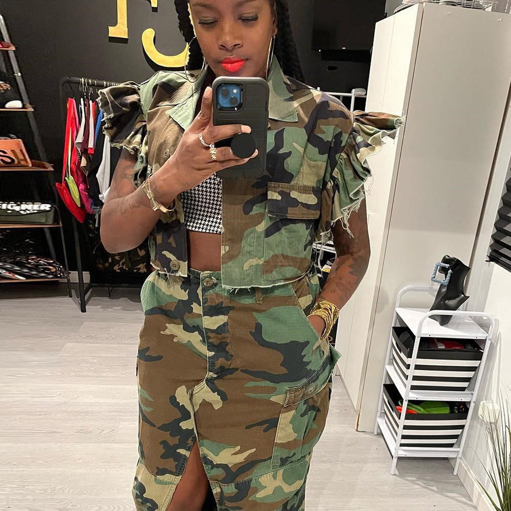 Short Sleeve Camouflage Cut Out Crop Jacket