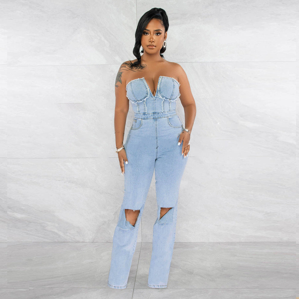 Sexy Zipper Long Chest Wrapped Denim Jumpsuit