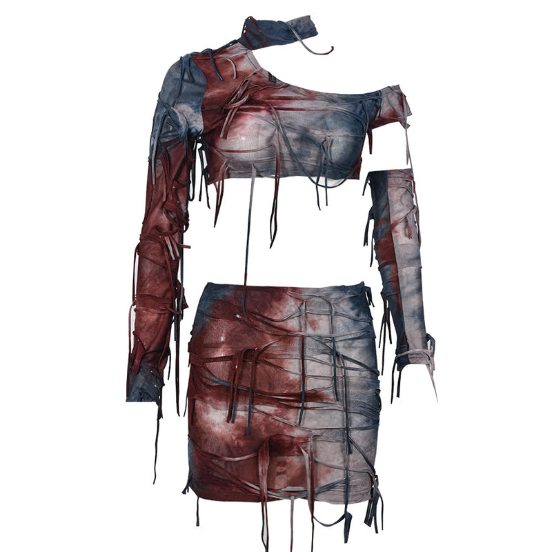 Long Sleeve Tassel Tie Dyed Costume Skirt Suit