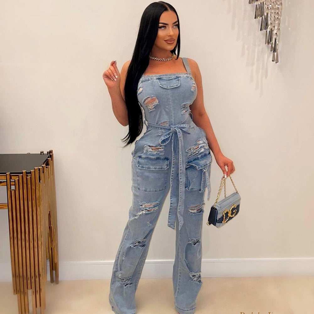 Suspenders Trendy Ripped Washed Denim Jumpsuit