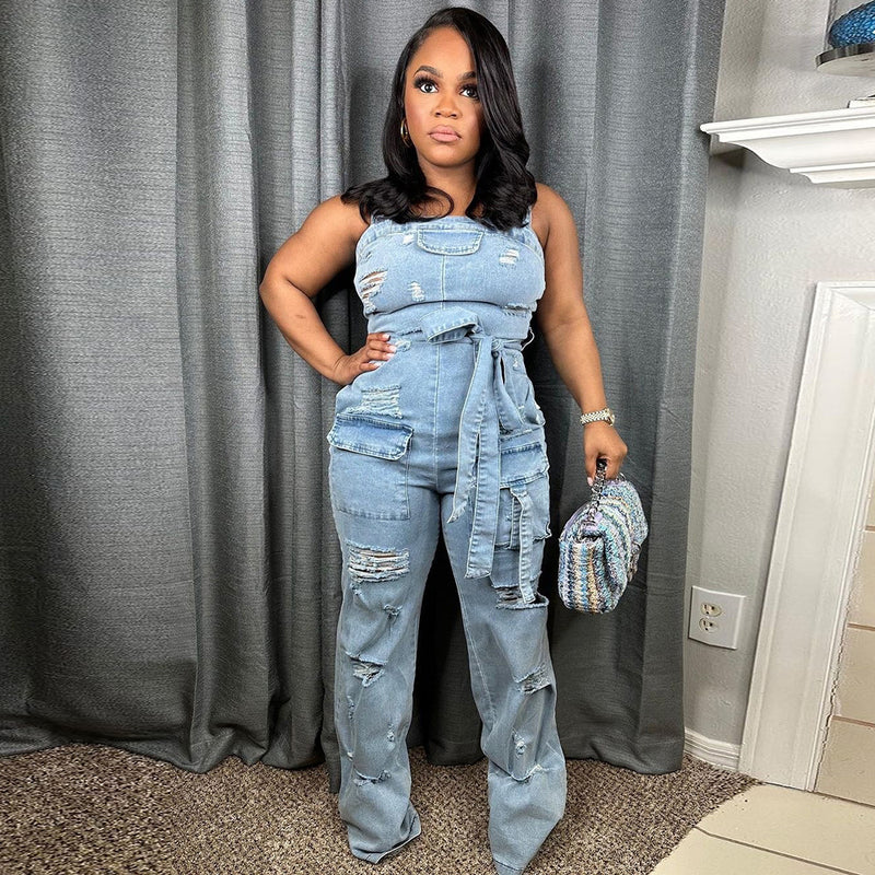 Suspenders Trendy Ripped Washed Denim Jumpsuit