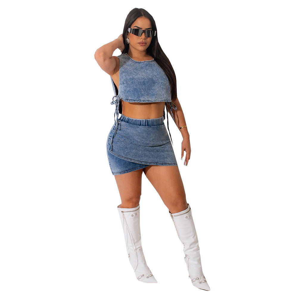 Elastic Sleeveless Tank Top Sexy Denim Mini Skirt Suit