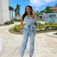 Suspenders Trendy Ripped Washed Denim Jumpsuit