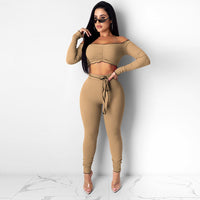 Long Sleeve Off Shoulder Ribbed Crop Top Long Slim Fit Pants