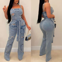 Suspenders Trendy Ripped Washed Denim Jumpsuit